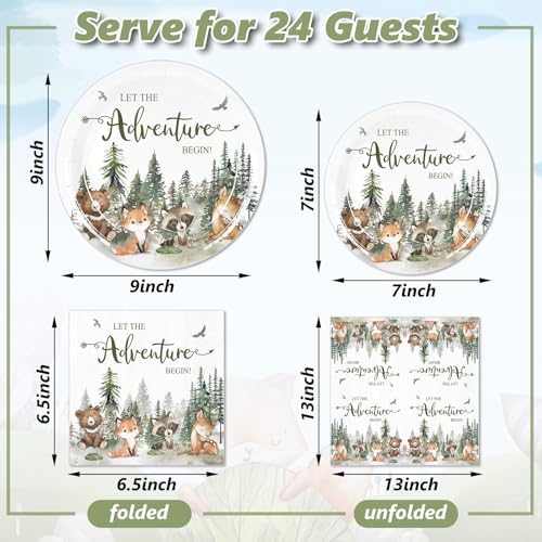 Whaline 72Pcs Let The Adventure Begin Party Supplies Woodland Forest Animal Disposable Tableware Set Paper Plates Napkins for Baby Shower Neutral Adventure Birthday, Serves 24 - Image 2