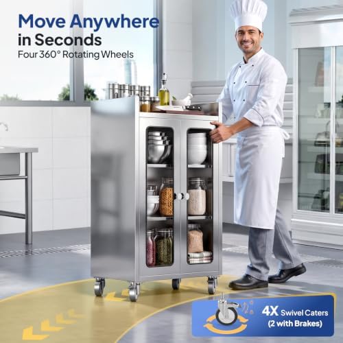 ROVSUN Stainless Steel Table with Cabinet & Wheels, 23.6" x 15.7" Commercial Kitchen Workbench for Pre Work with Glass Door, Large Space Storage for Kitchen Restaurant Hotel Garage Warehouse - Image 5