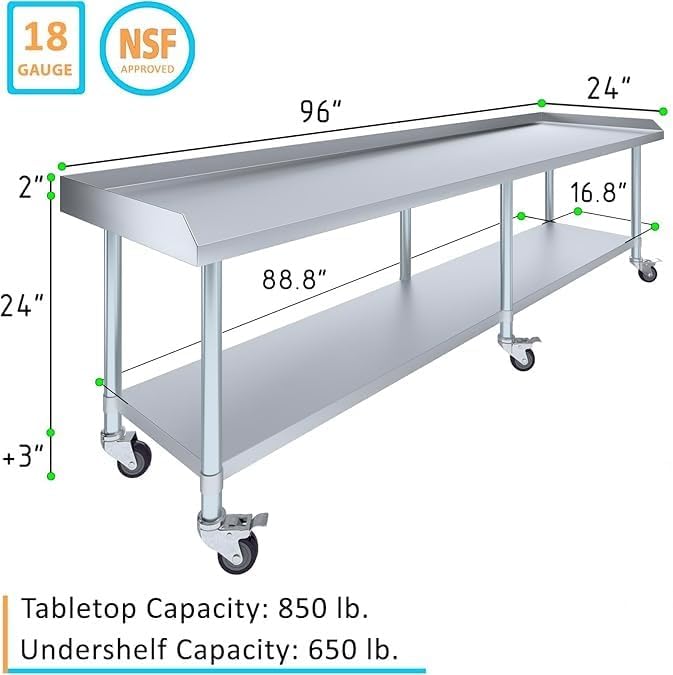 96" x 24" Stainless Steel Equipment Stand with Undershelf and Casters NSF - Image 3