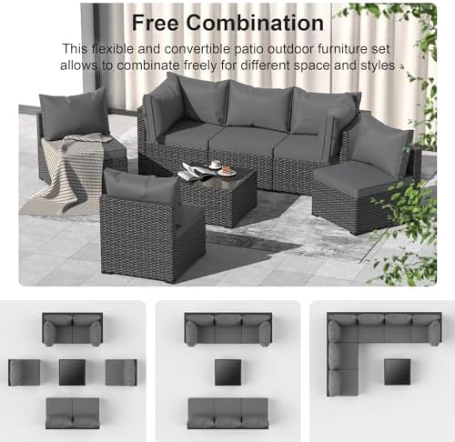 Patio Furniture Set, 7PCS Outdoor Sectional PE Rattan Patio Conversation Set w/Thickened Cushion Modular Wicker Patio Sofa Set w/Coffee Table for Balcony, Backyard(Grey) - Image 5