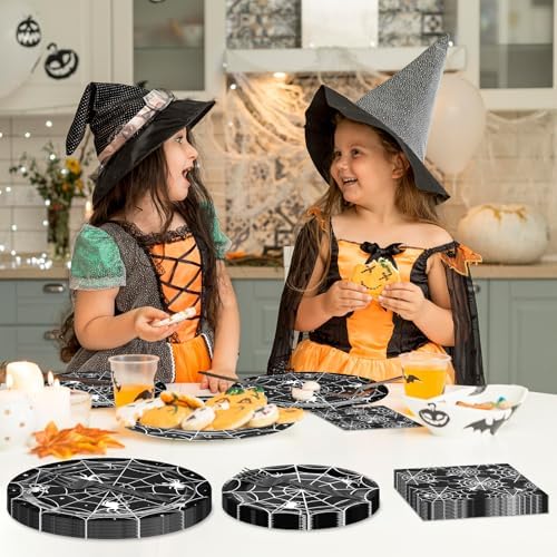 96 Pieces Halloween Spider Web Tableware Set Party Supplies – Disposable Plates, Napkins, and Forks, Black and White Spider Design for Halloween Haunted House Trick or Treat Event, Serves 24 Guests - Image 4
