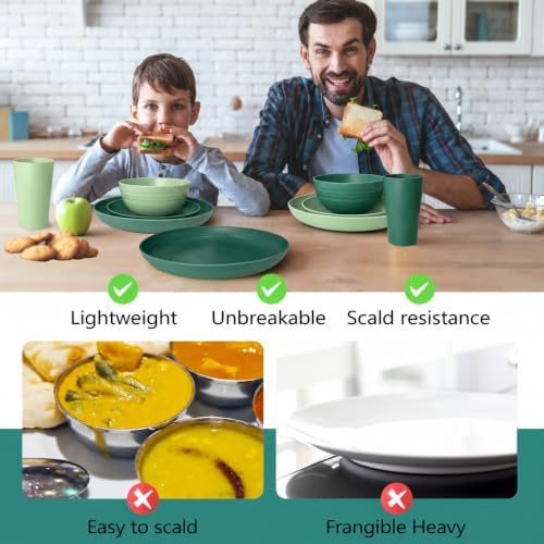 Teivio 32-Piece Kitchen Plastic Wheat Straw Dinnerware Set, Service for 8, Dinner Plates, Dessert Plate, Cereal Bowls, Cups, Unbreakable Colorful Plastic Outdoor Camping Dishes, Green Ombre - Image 4