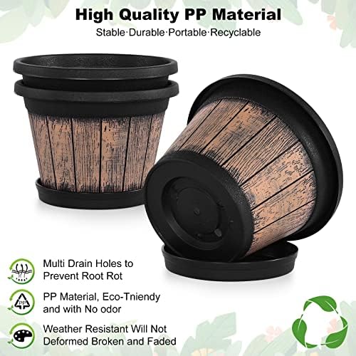 Quarut Plant Pots Set of 3 Pack 9 inch,Whiskey Barrel Planters with Drainage Holes & Saucer.Plastic Decor Flower Pots Imitation Wine Barrel Design,for Indoor & Outdoor Garden Home Plants (Brown) - Image 3