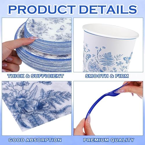 Kochorie 400 Pieces Blue and White Flower Disposable Party Tableware Sets Including Plates Cups Napkins Cutlery Serves 50 for Wedding Birthday Baby Shower Party Decorations - Image 3
