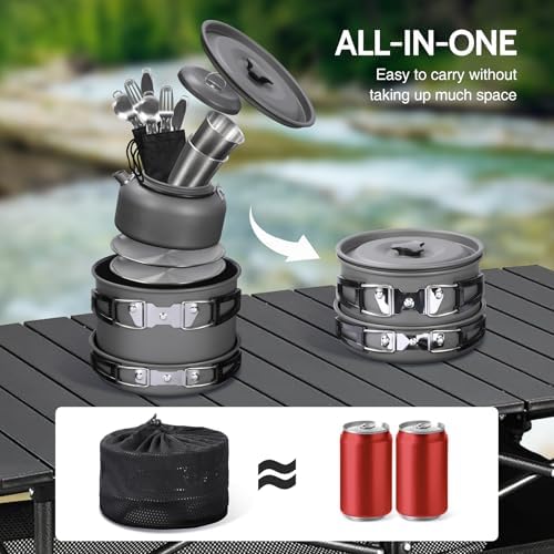 REDCAMP 6/10/11/12/14/15/19 PCS Camping Cookware Mess Kit Camping Gear Campfire Utensils Lightweight Stackable Pot Pan Bowls Soup Spoon with Storage Bag for Camping, Backpacking, Outdoor Cooking - Image 7
