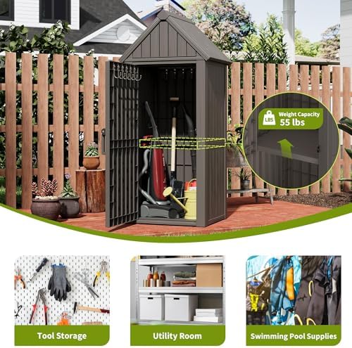 Outdoor Storage Shed, Waterproof Storage Cabinet with Sloping Roof and Lockable Door, Resin Shed with Ample Space, Multiple Hooks for Backyard Patio, Garden, Lawn, Classic Grey - Image 5