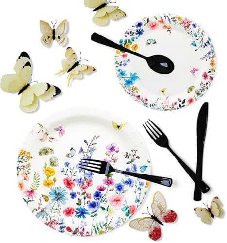 100Pcs Wildflower Party Supplies Spring Floral Wedding Birthday Decoration Include Wildflower Plates Napkins and Cups for Spring Summer Picnic Wedding Baby Shower Tea Party Decor,Serve 25 (Purple) - Image 2