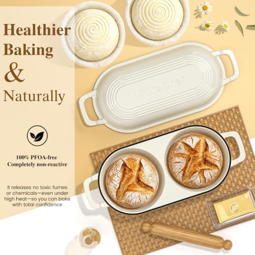 Dutch Oven for Sourdough Bread Baking - Enameled Cast Iron Dutch Oven Pot with Lid and 5" Banneton Bread Proofing Basket & Cotton Potholders, Dual Round Bread Loaf Pan for Homemade Bread, Meatloaf, Cake– (Cream White) - Image 5