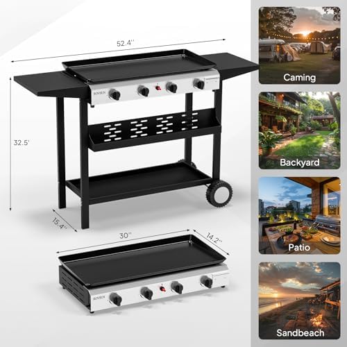 ROVSUN 4 Burner Portable Propane Griddle with Nonstick Enameled Tray, 40000 BTU Rolling Flat Top Gas Grill with Electronic Ignition, Side Shelves & Regulator for Outdoor Cooking Camping BBQ Tailgating - Image 6