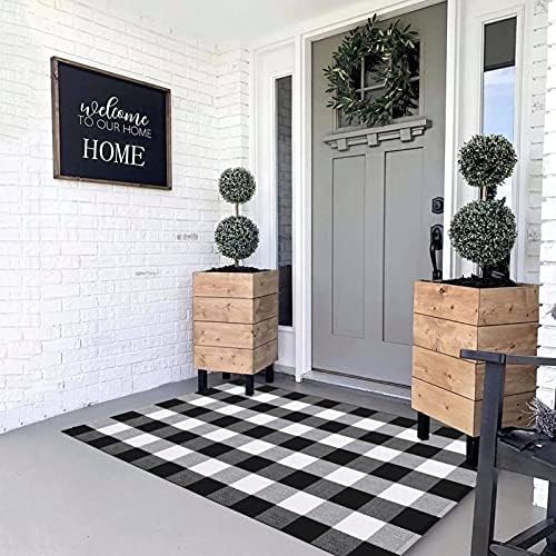 MUBIN Fall Decor Cotton Buffalo Plaid Rug, 3' x 5' Black and White Outdoor Rug Front Door Decorative Mat, Washable Doormat Foldable Area Rug Layered Door Mats Rug for Front Porch, Entryway, Patio - Image 5