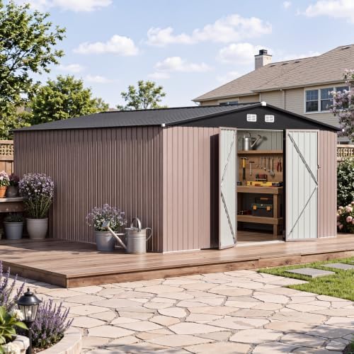 Aoxun 14x12 FT Outdoor Storage Shed with Lockable Double Doors, Brown by Aoxun