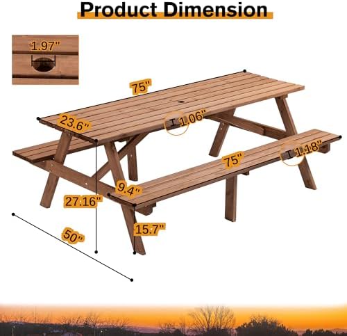 75'' Rectangular Outdoor Dining Table Wooden Patio Dining Table & 2 Built-in Bench for 8, 2" Umbrella Hole, Suitable for Backyard Garden Porch, Brown - Image 2
