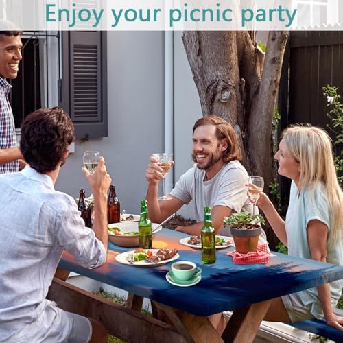 3 PCS Picnic Table Cover with Bench Covers & Storage Bag, Waterproof Fitted Camping Tablecloth with Elastic, 30x72 Inch, Sunset Mountain Lake Deer Forest Print, Indoor Outdoor Patio RV Party Table - Image 2