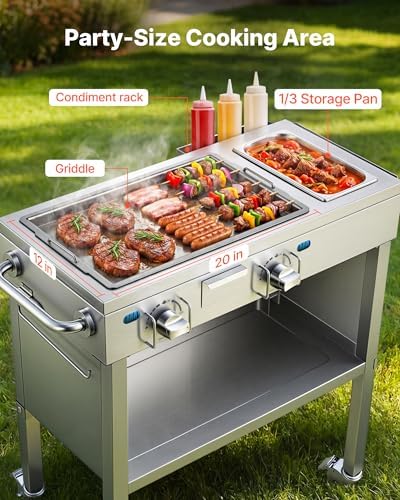 VEVOR Outdoor Propane Griddle, 2 Burners (11,600 BTU Each), Commercial Stainless Steel Gas Griddle Cart with 4 Lockable Wheels, 1/3 Food Pan, Easy-Grip Side Handle, Ideal for Hot Dogs, Burgers & Meats - Image 3