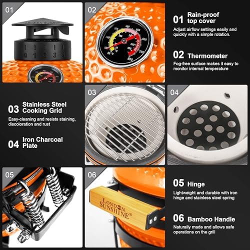 London Sunshine 13-Inch Ceramic Kamado Grill, Waterproof Vent Cap, Orange - Image 5