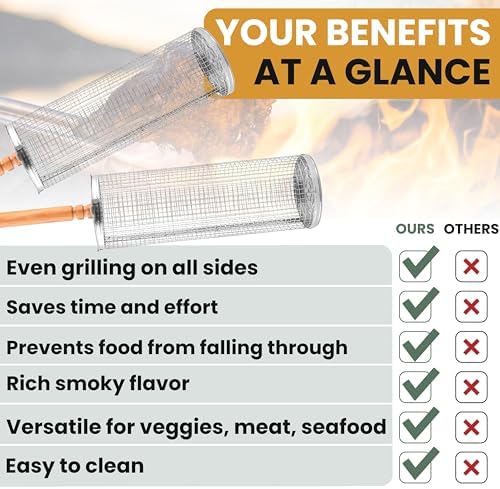 2 XL Rolling Grill Basket For Veggies Removable Wooden Handle 304 Stainless Steel Nesting Smoker Net BBQ Grilling Accessories Tools Kebab Fish Vegetable Steamer Basket Camping Cooking Outdoor Kitchen Food Rotisserie Barbeque Cooking Grilling Gifts For ... - Image 6