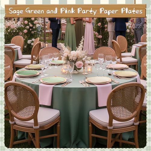 48 Pcs Sage Paper Plates 9 Inch Scalloped Sage and Pink - Image 2
