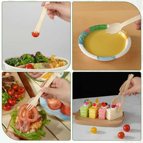 30 Sets Interlocking Bamboo Forks and Spoons, Bamboo Forks Spoons Combo Set, 3 Funtions 60 Pcs Biodegradable Disposable Cutlery for Party Camping and Serving Food - Image 5