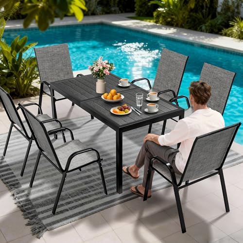 Pamapic Outdoor Dining Sets for 6, Rectangular Steel Slat Table with 6 Textilene Chairs, 7 Piece Patio Table and Chairs Set with Umbrella Hole for Patio, Backyard, Poolside (Grey, No Umbrella) - Image 4