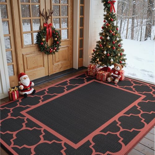 GENIMO Outdoor Rug, Waterproof Plastic Rugs for Patio, 6'x9' Black Red - Image 2
