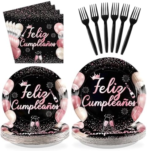 96Pcs Feliz Cumpleaños Black and Pink Decorations for Girls Women Serves 24 by Greencian