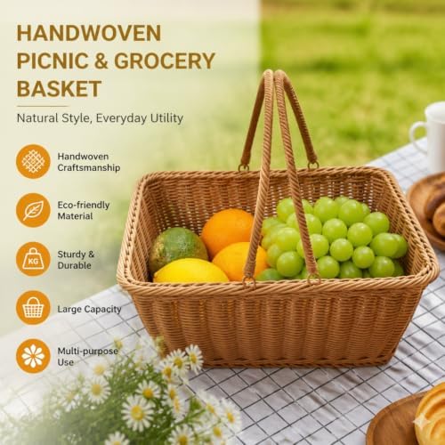 2‑Pack Small Poly Wicker Baskets, Handwoven PVC Picnic Storage with Handles - Image 5