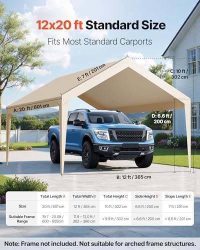 VEVOR Carport Replacement Canopy Cover, 12 x 20 ft Potable Garage Tent Top Tarp, UV-Resistant & Waterproof Car Shelter Tarp, Heavy Duty Car Port Cover with Ball Buggees, Beige, Frame Not Included - Image 2