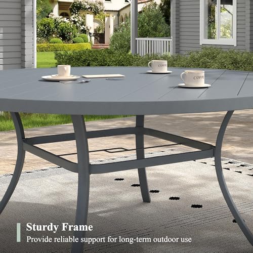 Outdoor Dining Table for 8, 63" Round Outdoor Table with Adjustable Umbrella Hole, All-Weather Metal Patio Dining Table for Lawn Garden Backyard Deck, Dark Grey - Image 5