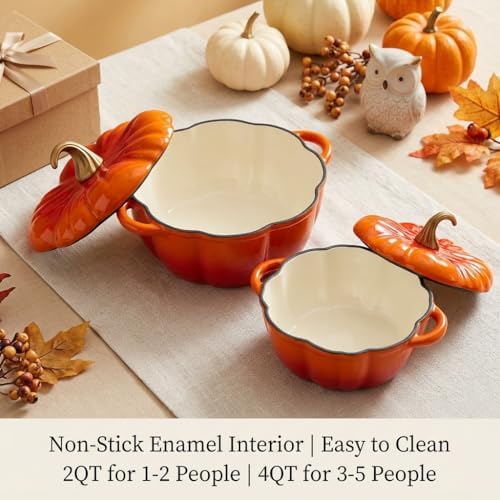 QuliMetal Pumpkin Dutch Oven Set of 2, 4QT and 2QT Pumpkin Pots for Cooking - Image 2