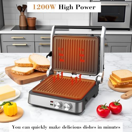 Panini Press,4 Slices Contact Grill with Removable Non-Stick Coated Grill and Flat Plates,Panini Makers with Temperature Control and Timer,Open 180 Degrees,Grill and Griddle (Half black with sus) - Image 5