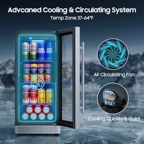 15 Inch Beverage Refrigerator, 100 Can Under Counter Beverage Fridge with Glass Door Built-in or Freestanding, Drink Fridge for Soda Beer Wine-Kitchen Bar Office - Image 3