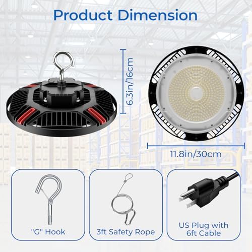 CINOTON 210W UFO LED High Bay Light, Aluminum LED Shop Lights with 31500LM, 5000K Commercial Bay Lighting for Warehouse Garage Workshop Factory, 6' Cable & Safety Rope, ETL Listed 8 Pack - Image 4