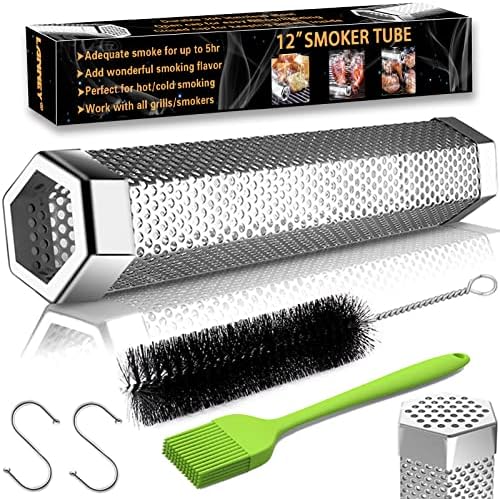 Smoke Tube for Pellet Smoker, 12'' Smoker Tube for Pellet Grill - Hot or Cold Smoker Accessories for Electric Gas Charcoal Grilling, Premium Stainless Steel Portable Barbecue Smoking Tube, Bonus Brush by LANNEY