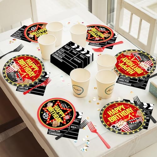 96PCS Movie Theme Birthday Party Paper Plates and Napkins Happy Birthday Disposable Tableware Set for 24 Guests Movie Night Birthday Gatherings Decorations - Image 5