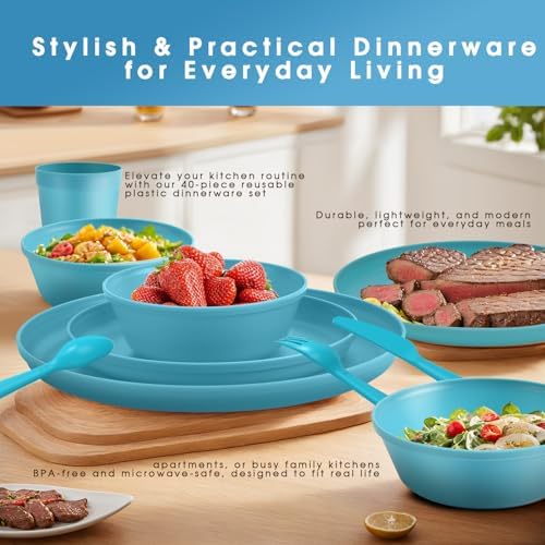 40 Piece Plastic Dinnerware Set for 8 with Cutlery, Unbreakable Plates and Bowls Set, Dishwasher & Microwave Safe Reusable Dish Set for Camping, RV, Outdoor Kitchen, Apartment Dining, Teal - Image 7