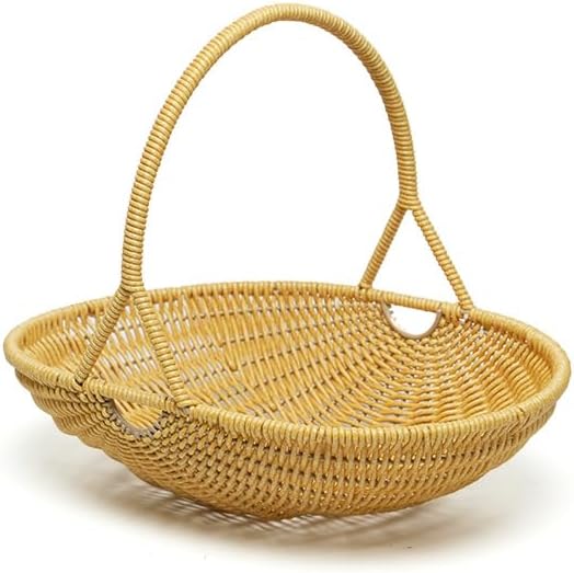 Plastic Imitation Rattan Woven Hand Basket Outdoor Picnic Picking Vegetables and Fruits Kitchen Living Room Egg Snack Basket (Yellow2,33.5x27.5cm) by Unknown