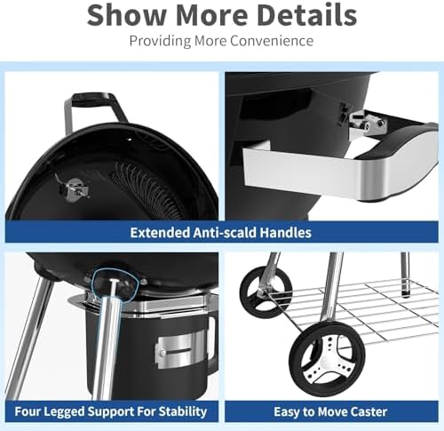 22.5-Inch Portable Charcoal Grill, Heavy Duty Kettle BBQ Smoker with Built-in Thermometer & Removable Water-Rinsable Ash Catcher for Outdoor Camping, Patio, Backyard, and Tailgating - Image 6