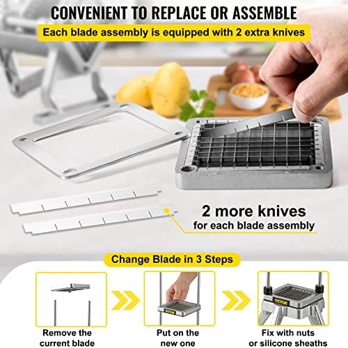 VEVOR Replacement Chopper Blade, 3/8 inch, 3 PCS French Fry Blade Assembly with 6 Extra Knives, Stainless Steel Dicer Parts and Push Block for Cutting Potatoes Carrots Onions Cucumbers Mushrooms - Image 5