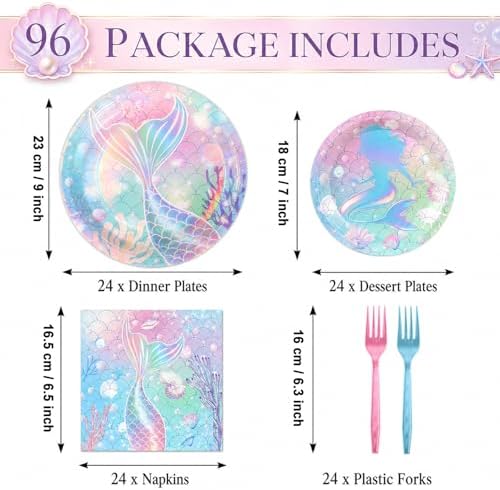 96Pcs Mermaid Party Paper Plates Napkins Set Iridescent Mermaid Birthday Supplies Holographic Disposable Dinnerware for Under the Sea Ocean Themed Birthday Gatherings Decorations - Image 2