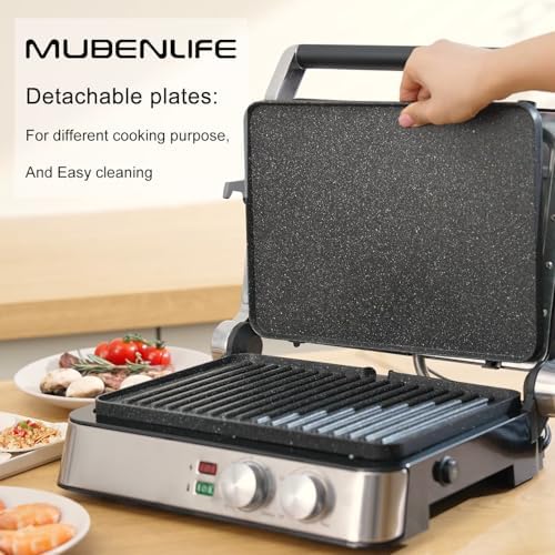 Panini Press,4 Slices Contact Grill with Removable Non-Stick Coated Grill and Flat Plates,Panini Makers with Temperature Control and Timer,Open 180 Degrees,Grill and Griddle (Half black with sus) - Image 4