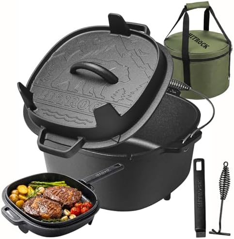 HITROCK Cast Iron Camp Dutch Oven with Legs 5QT, Pre-Seasoned Camping Dutch Oven with Lid,Outdoor Pot with Lid Lifter, Storage Bag & Handle for Camping, Baking, Grilling, Rounded-square Shape by Unknown