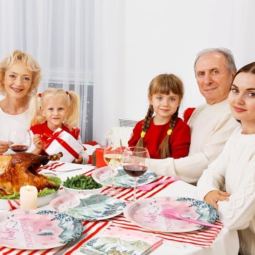 96Pcs Baby It's Cold Outside Pink Winter Wonderland Party Plates Supplies - Party Tableware Decoration Disposable Paper Plates Napkins Fork for Birthday Christmas Baby Shower, Serves 24 - Image 6
