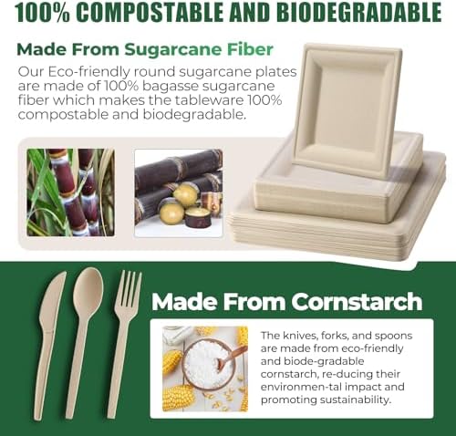 300Pcs Disposable Paper Plates Set, Compostable Plate Sugarcane Utensils Eco Friendly Dinnerware Kit Includes 50 Biodegradable Plates, Forks, Knives Napkins and Spoons for Brithday Party Camping - Image 2