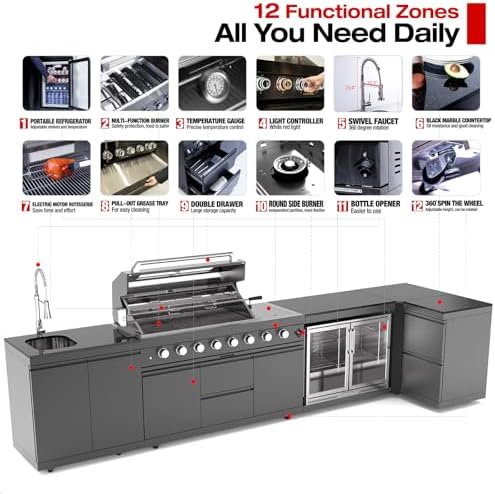 153 Inch Outdoor Kitchen Island, 96000 BTU Propane Gas Grill Combination With Refrigerator and Sink, Drawer Cabinet, Outdoor Stainless Steel Barbecue Bar, BBQ Grill for Patios, Gardens, Parties - Image 3