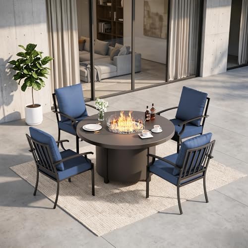 5 Pieces Outdoor Patio Furniture Set with 48" 55000 BTU Round Propane Fire Pit Table,Patio Dining Set Outdoor Conversation Sets 4 Chairs for Deck,Backyard and Garden,Dark Blue by RTDTD