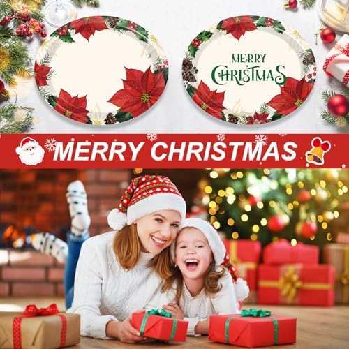 50 PCS Christmas Oval Paper Plates Large 11” Disposable Poinsettias Theme Party Decorations Winter Floral Supplies Favor for Merry Christmas Dinner Heavy Duty Dish Platter Birthday Party Tableware Set - Image 3