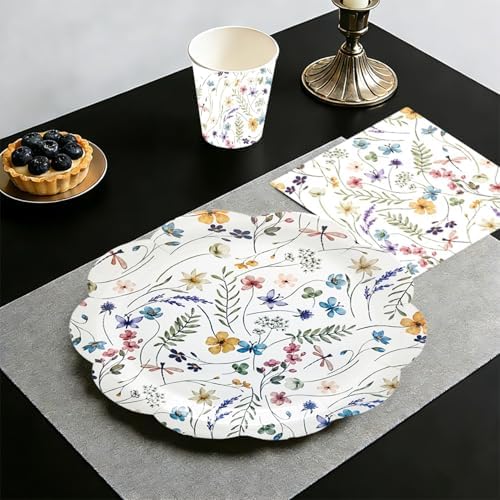 100Pcs Wildflower Party Supplies Floral Wedding Birthday Decoration Include Wildflower Scalloped Paper Plates Napkins and Cups for Picnic Wedding Baby Shower Tea Party Decor Serve 25 (Scalloped) - Image 2