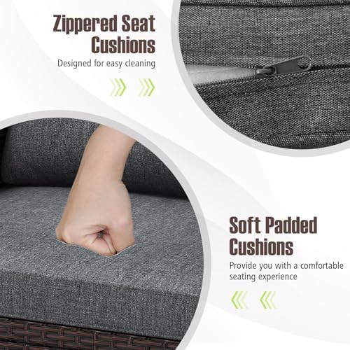 Tangkula 3 Pieces Patio Furniture Set, PE Rattan Wicker 3 Pcs Outdoor Sofa Set w/Washable Cushion and Tempered Glass Tabletop, Conversation Furniture for Garden Poolside Balcony (Grey) - Image 7