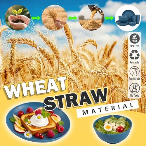 16 PCS Wheat Straw Plates and Bowls Sets,Kids Dishes Dinnerware Sets for 4,Unbreakable Kitchen Plates and Bowls Set for Travel Dishwasher & Microwave Safe Lightweight Dishes Set - DeepBlue - Image 6
