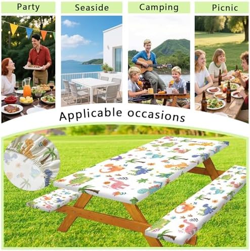 Funny Dinosaur Picnic Table Cover with Bench Covers and Bag, Camping Essentials, Animal Waterproof Windproof Fabric, Fitted Tablecloth Cover with Elastic Edge, for Indoor & Outdoor, 3 PCS, 30x72 Inch - Image 6